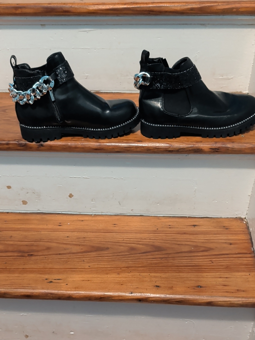Black Kids Ankle Boots with Silver Chain Detail